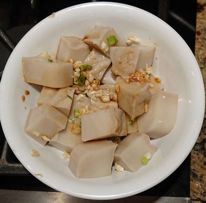 Serve the eggplant noodle sauce with a side of pork skin jelly