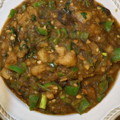 Eggplant and potato stew in a glossy soy sauce