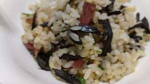 The finished ganba jun fried rice with ham, chilies and garlic, ready to eat.