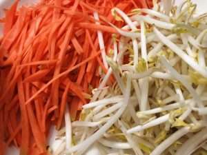 Julienne the carrot into matchsticks and wash and drain the bean sprouts