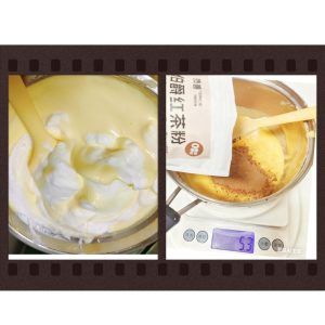 Fold the meringue into the chilled yolk batter in two additions per batch, gently cutting from the bottom up until no white streaks remain.