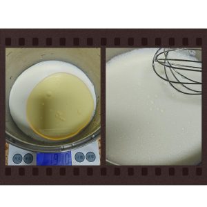 Weigh the milk and corn oil into a bowl and whisk until the mixture emulsifies and looks creamy, with no oil slick floating on top.