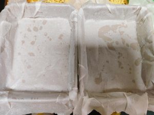 Line two 9-inch square pans with parchment paper and pour in the batter to about 80% full.