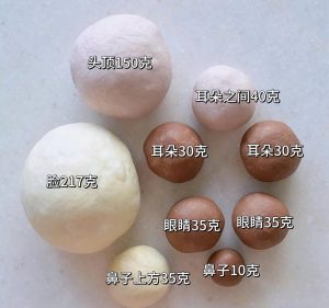After the first fermentation, divide the doughs into the exact portions - white 35 g and 217 g, pink 40 g and 150 g, brown 10 g, two x 35 g and two x 30 g.