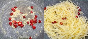 Heat the oil in a wok or large skillet over high heat until it shimmers. Add the minced garlic and dried chilies and stir-fry for about 10 seconds until fragrant. Add the drained potato shreds and toss for a minute or two so every strand is coated in the fragrant oil.