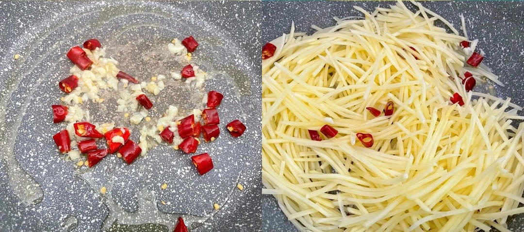 Heat the oil in a wok or large skillet over high heat until it shimmers. Add the minced garlic and dried chilies and stir-fry for about 10 seconds until fragrant. Add the drained potato shreds and toss for a minute or two so every strand is coated in the fragrant oil.
