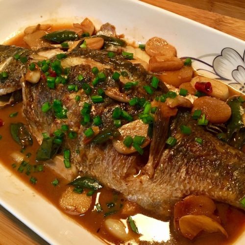 Red-braised sea bream in a glossy soy sauce