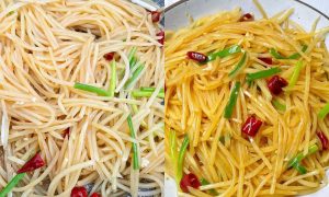 Add the scallion sections and give everything one final, fast toss just until the scallions are glossy and fragrant, about 30 seconds. Taste and adjust with a pinch more salt or a few drops of vinegar if needed.