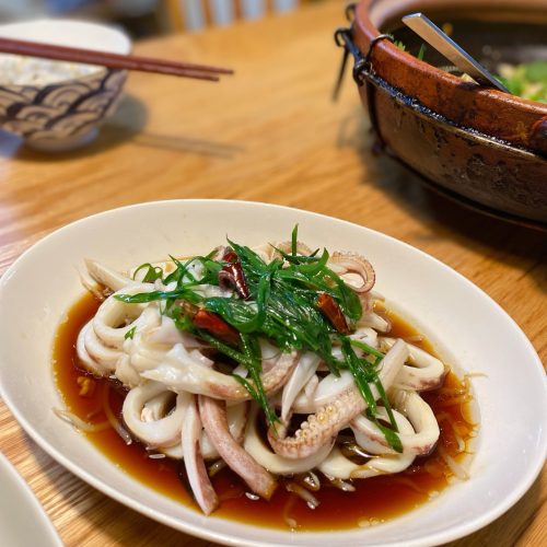 Boiled squid dressed with scallion oil and soy sauce