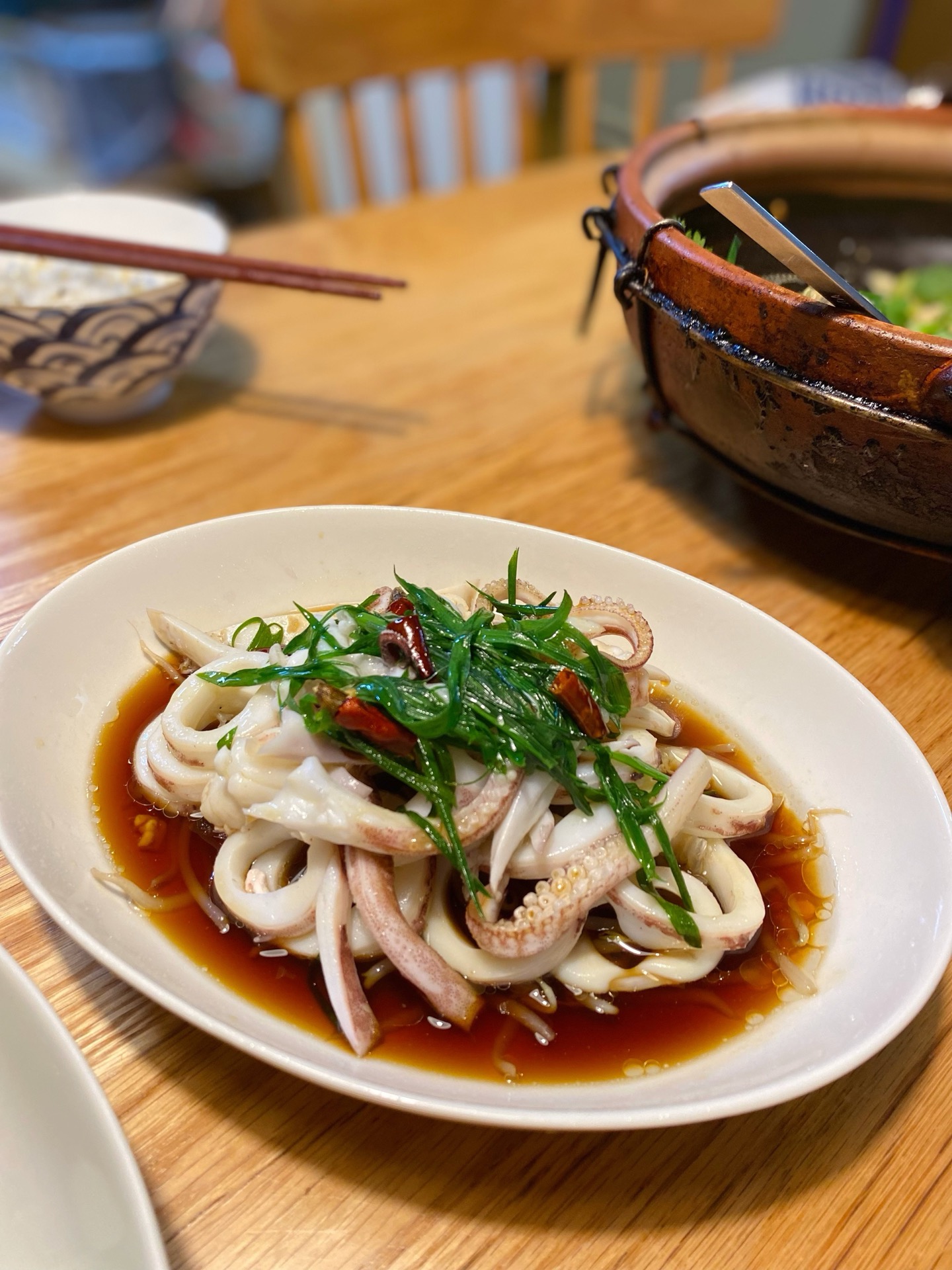 Boiled squid dressed with scallion oil and soy sauce