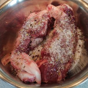Toast the coarse salt with peppercorns and fennel seeds until fragrant