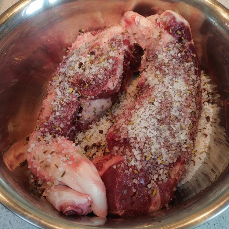 Toast the coarse salt with peppercorns and fennel seeds until fragrant