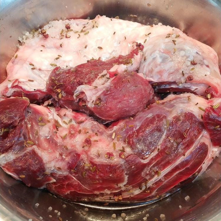 Rub the salt and spices over the shank and cure three hours, turning every thirty minutes