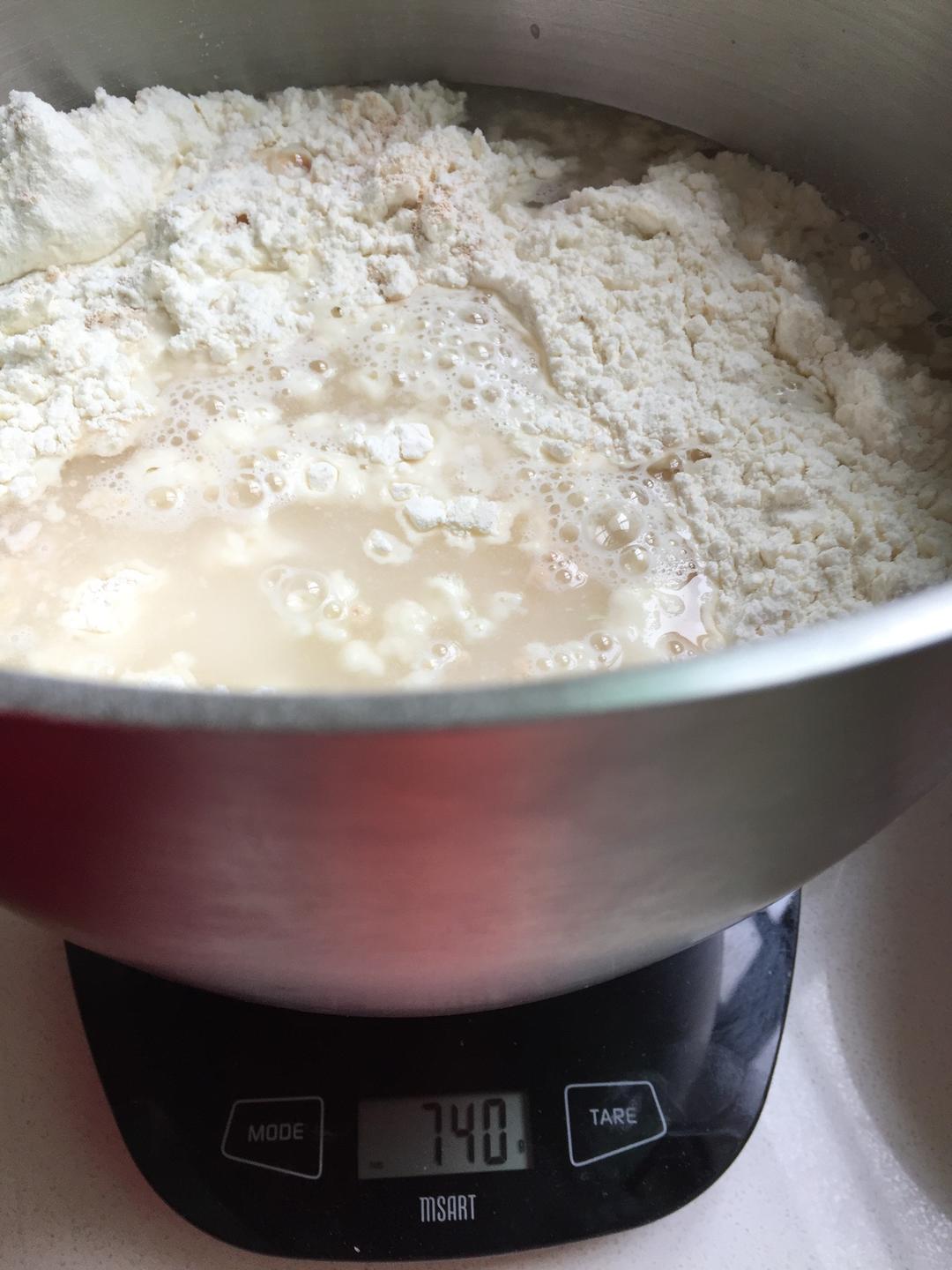 First Knead: Combine 500g flour, salt, yeast, sugar