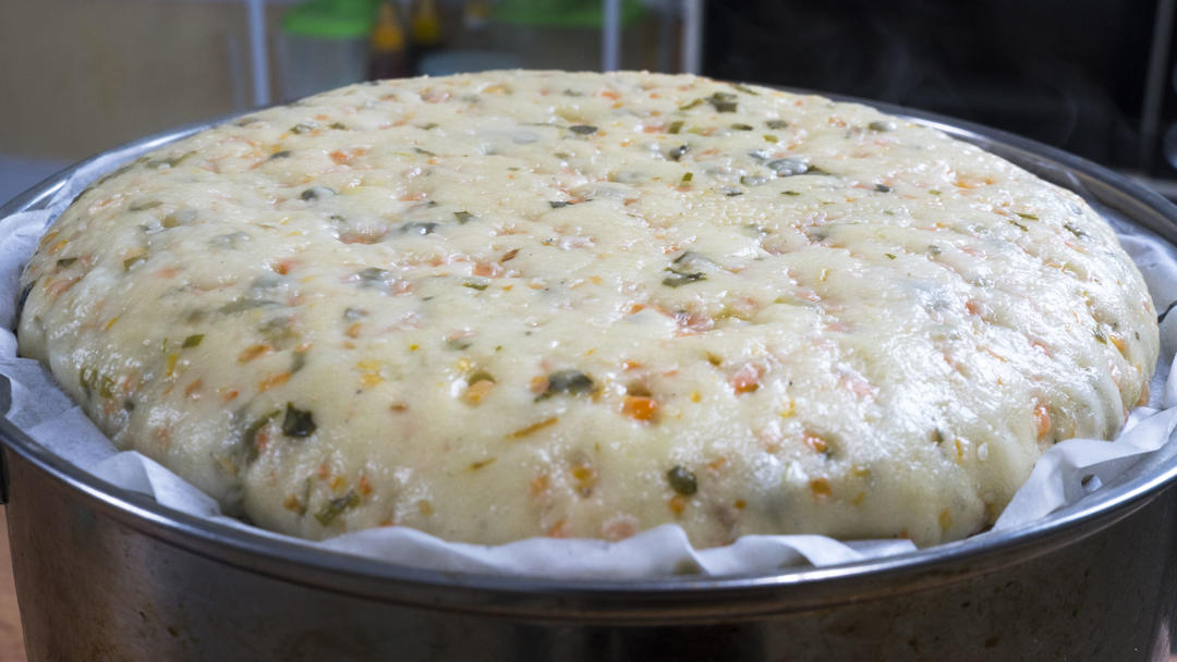 Pan-frying the layered pancake until golden