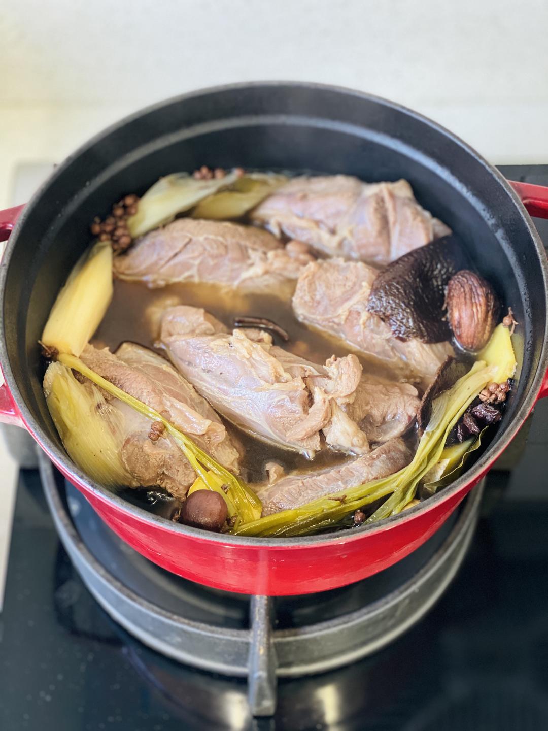 Simmering the beef shank slowly