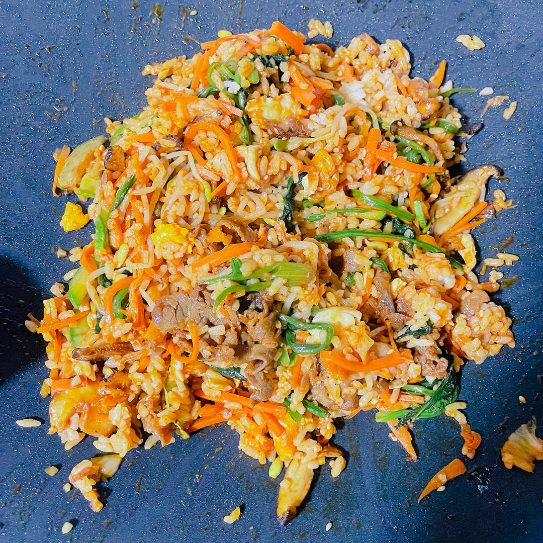 Finished Korean beef bibimbap with fried egg