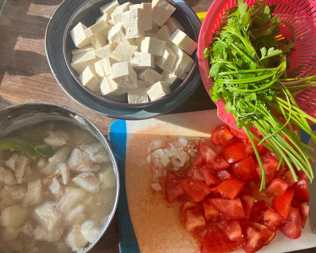 Prep the rest: cut the tofu and tomatoes into