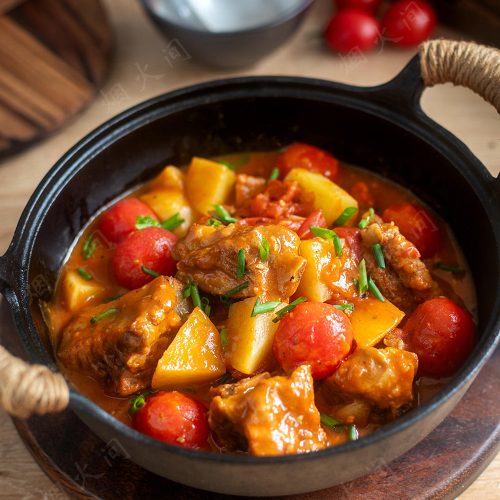 Tomato potato braised ribs in a red broth with soft potato chunks