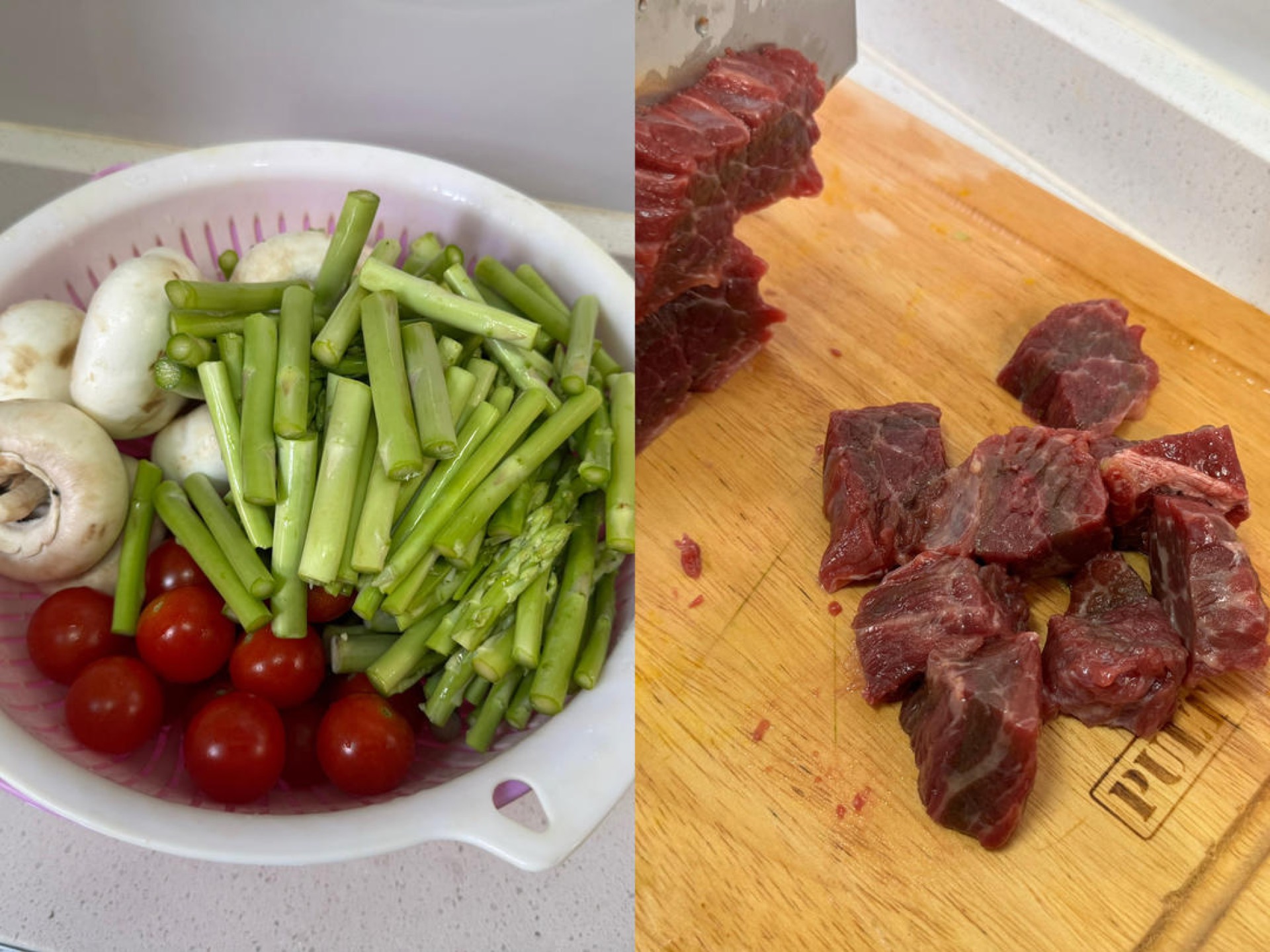 Cubed beef, mushrooms, asparagus, and cherry tomatoes prepped on a board