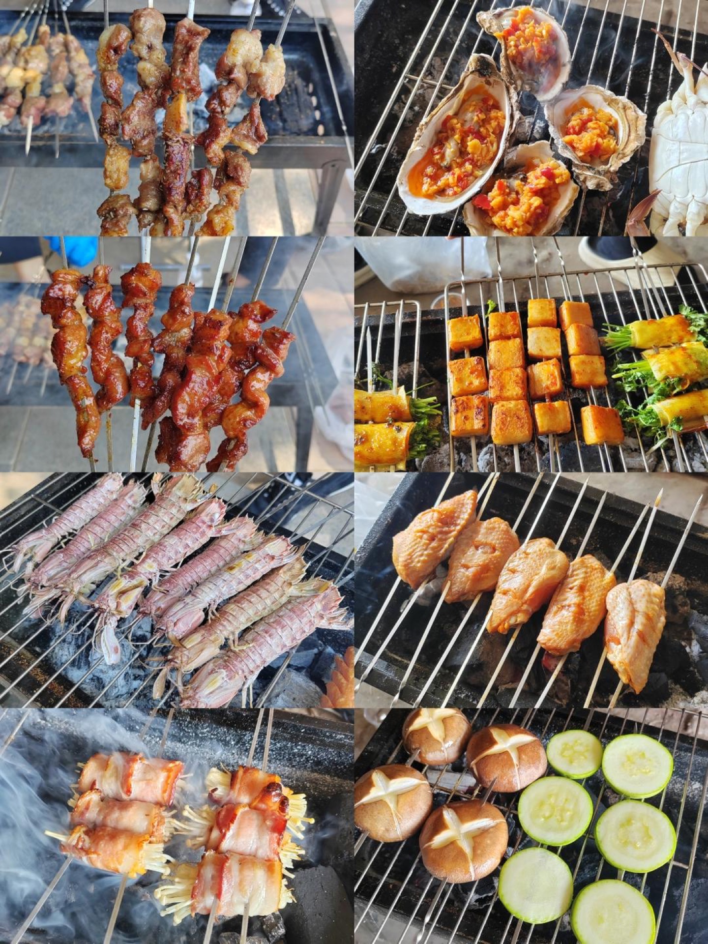 Chinese barbecue skewers cooking over a charcoal grill