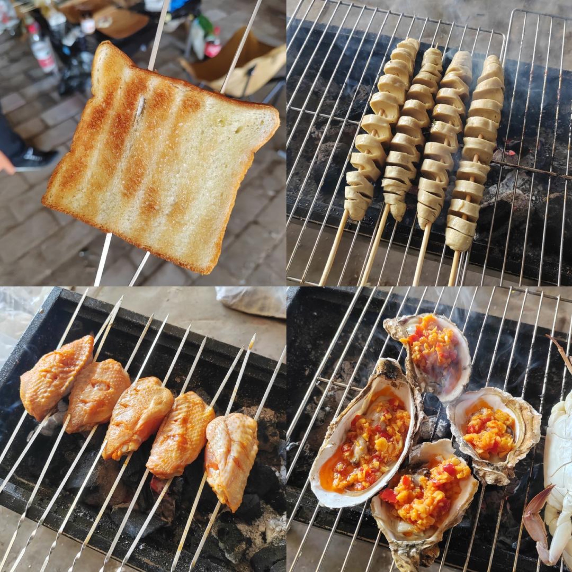 Grilled bread skewers and oysters with garlic sauce