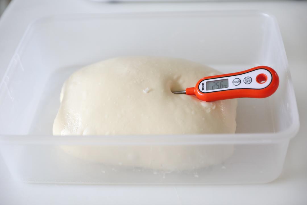 Dough fermenting in an oiled container at 82 degrees for the first rise