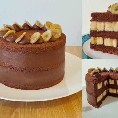 Banana chocolate cream cake sliced showing layers of cake cream and banana
