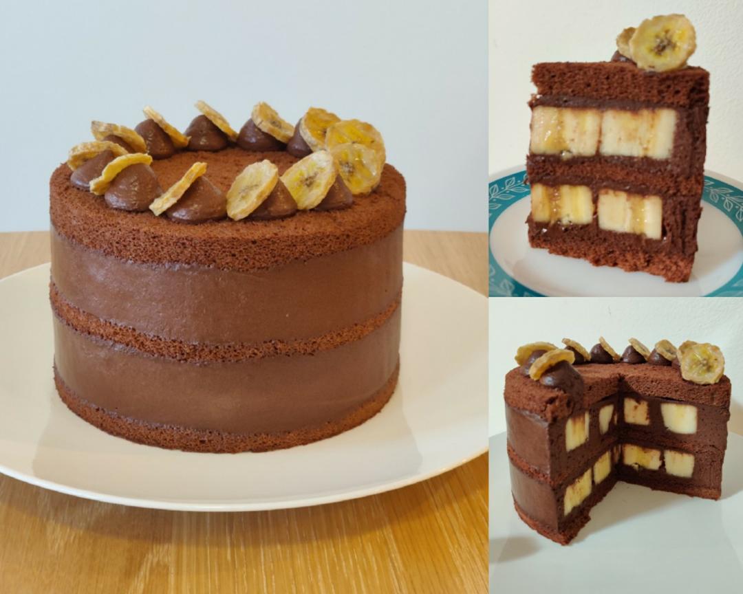 Banana chocolate cream cake sliced showing layers of cake cream and banana