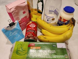 All the weighed ingredients arranged on the counter for the cake