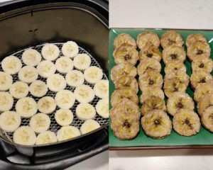 Banana slices brushed with butter and sugar roasting on the air fryer grate