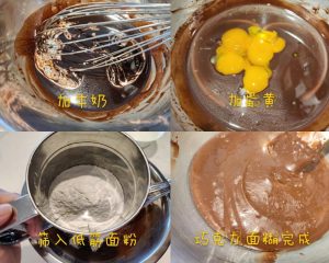 Mixing milk egg yolks and sifted cake flour into the cocoa paste