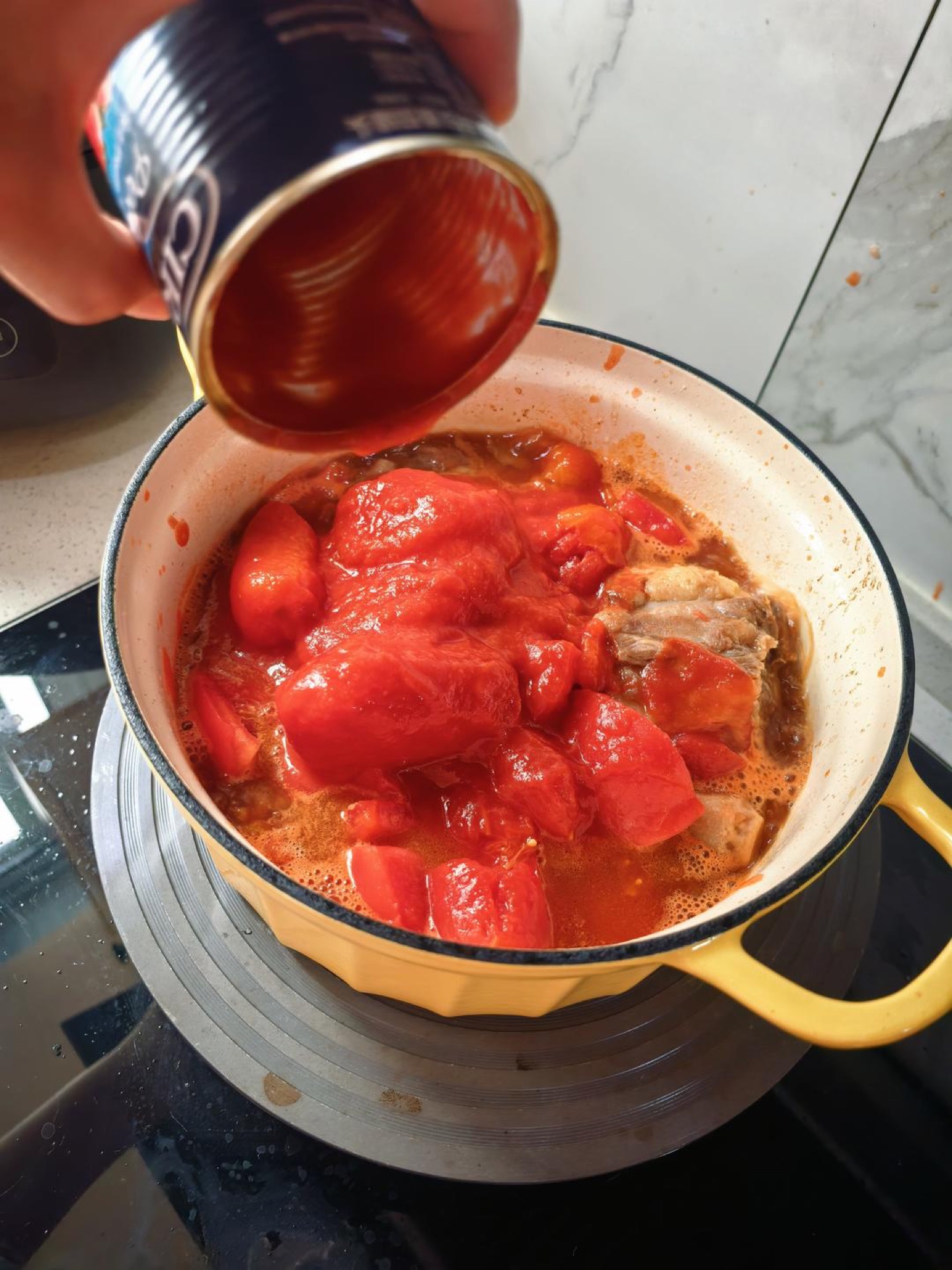 Add one can of canned tomato, the chopped fresh tomatoes, and a little hot water. Braise, or pressure-cook it — bring it up to pressure over high heat, then turn to low.