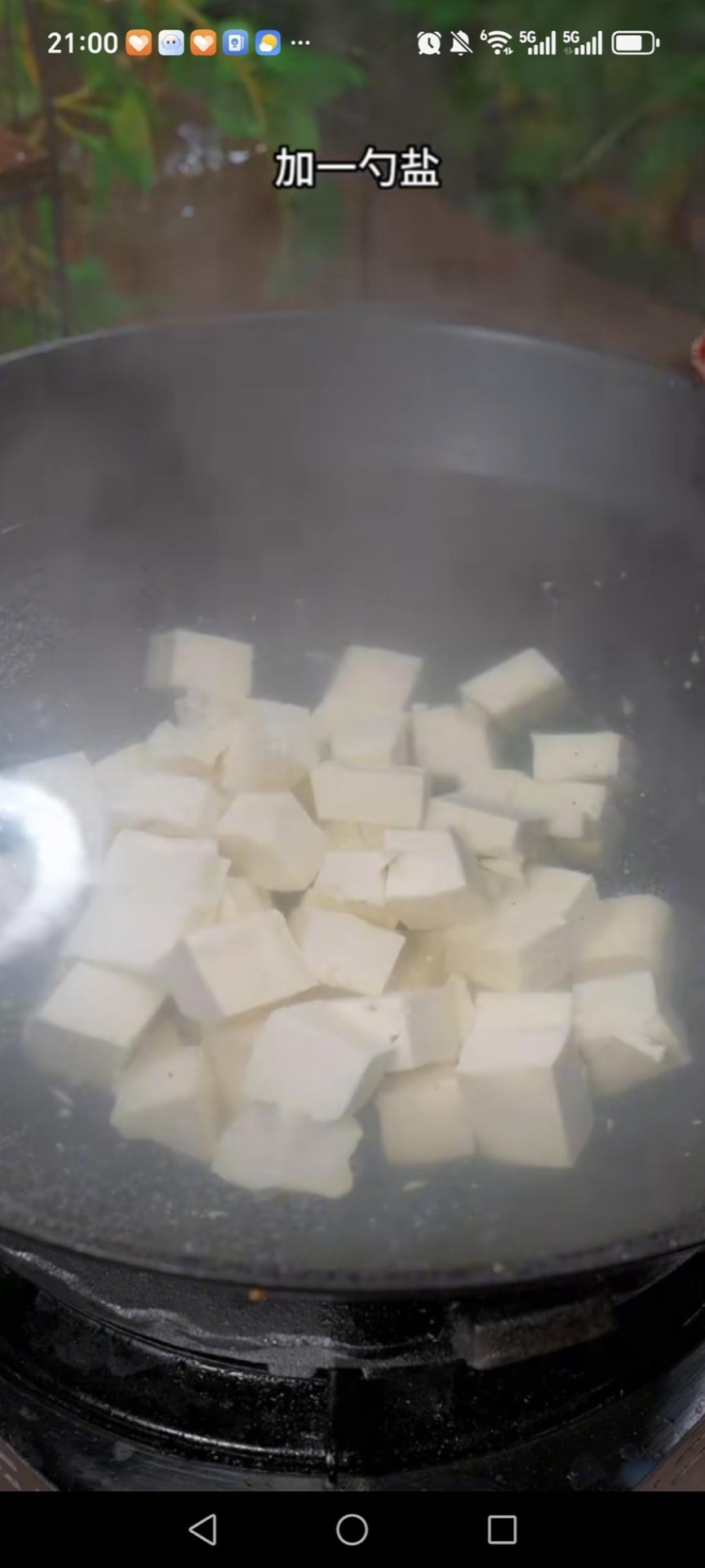 Bring a pot of water with a pinch of salt to a boil, add the cubed tofu, and blanch for 2 minutes. Lift it out with a slotted spoon and set aside.