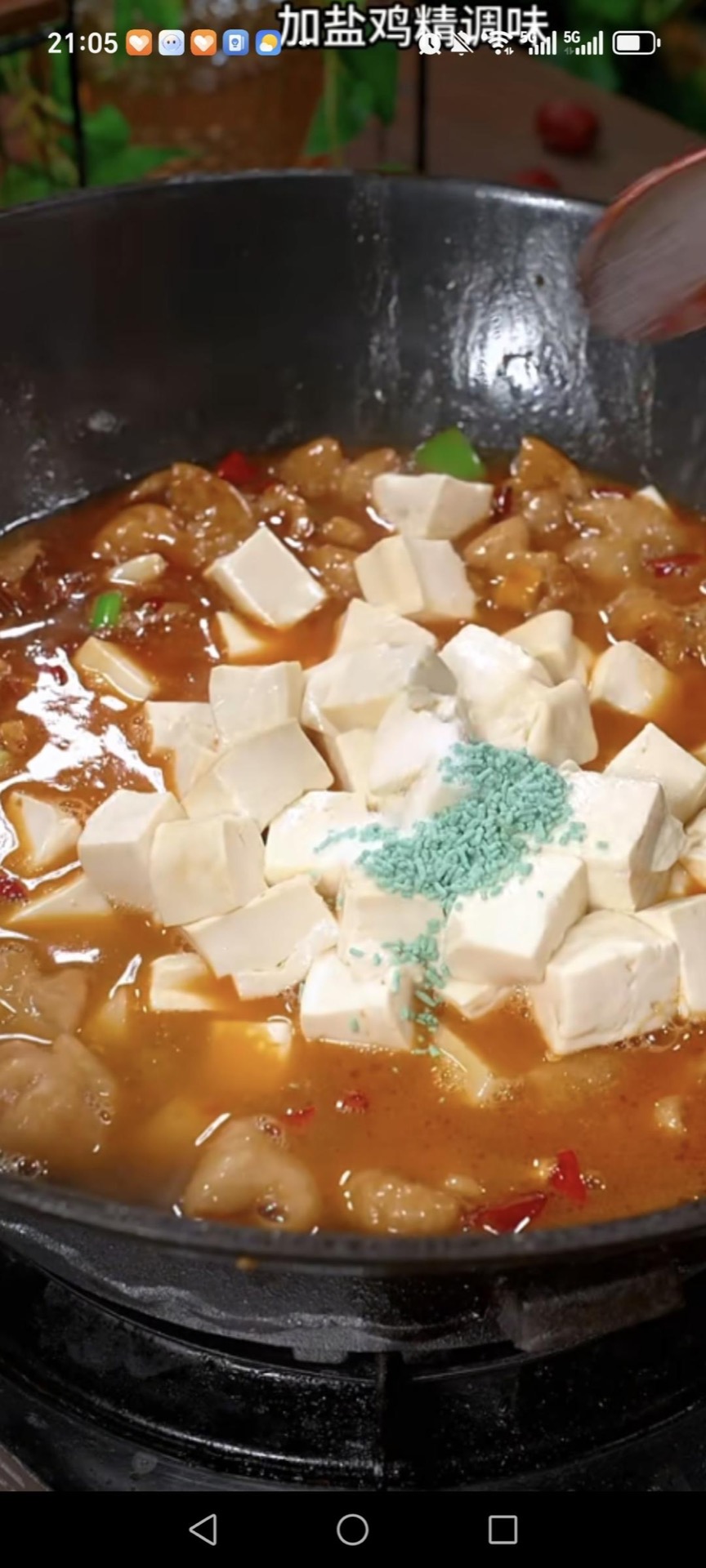 Slide in the blanched tofu, then season with salt and chicken bouillon.