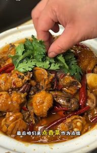 Finished braised spicy chicken garnished with cilantro