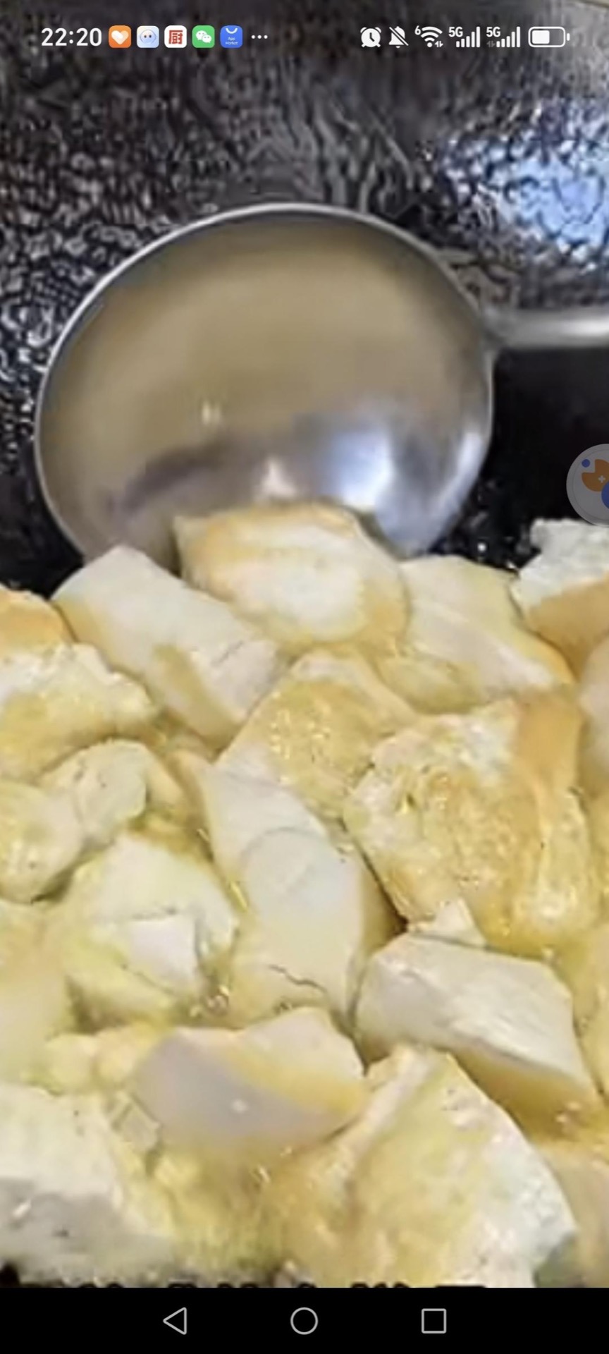 Fry the tofu until golden on both sides, then scoop it out and set it aside.