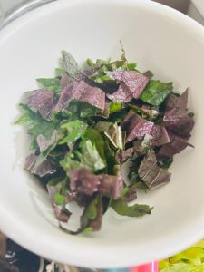 Fresh perilla leaves cut on a board