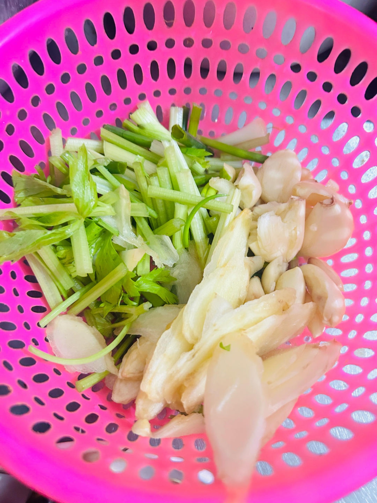 Scallions celery ginger and garlic prepped