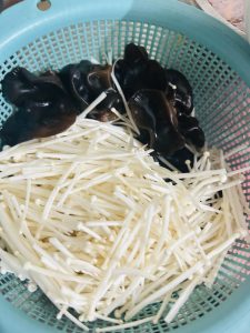 Enoki and wood ear mushrooms ready for the pot