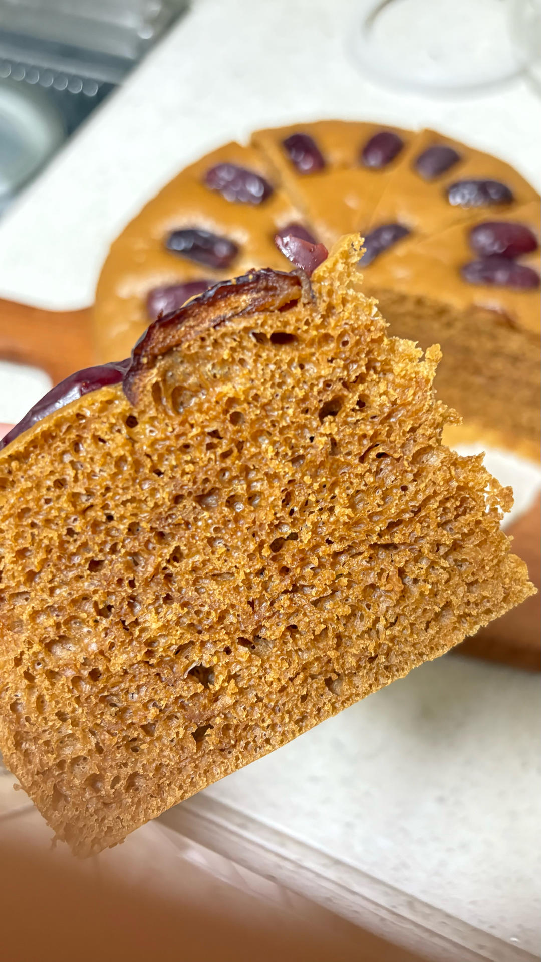 Slices of warm brown sugar steamed cake on a plate
