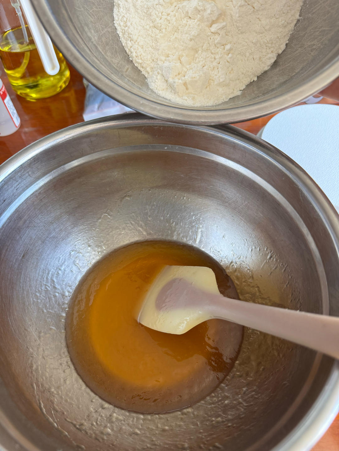 Syrup mixture stirred until emulsified