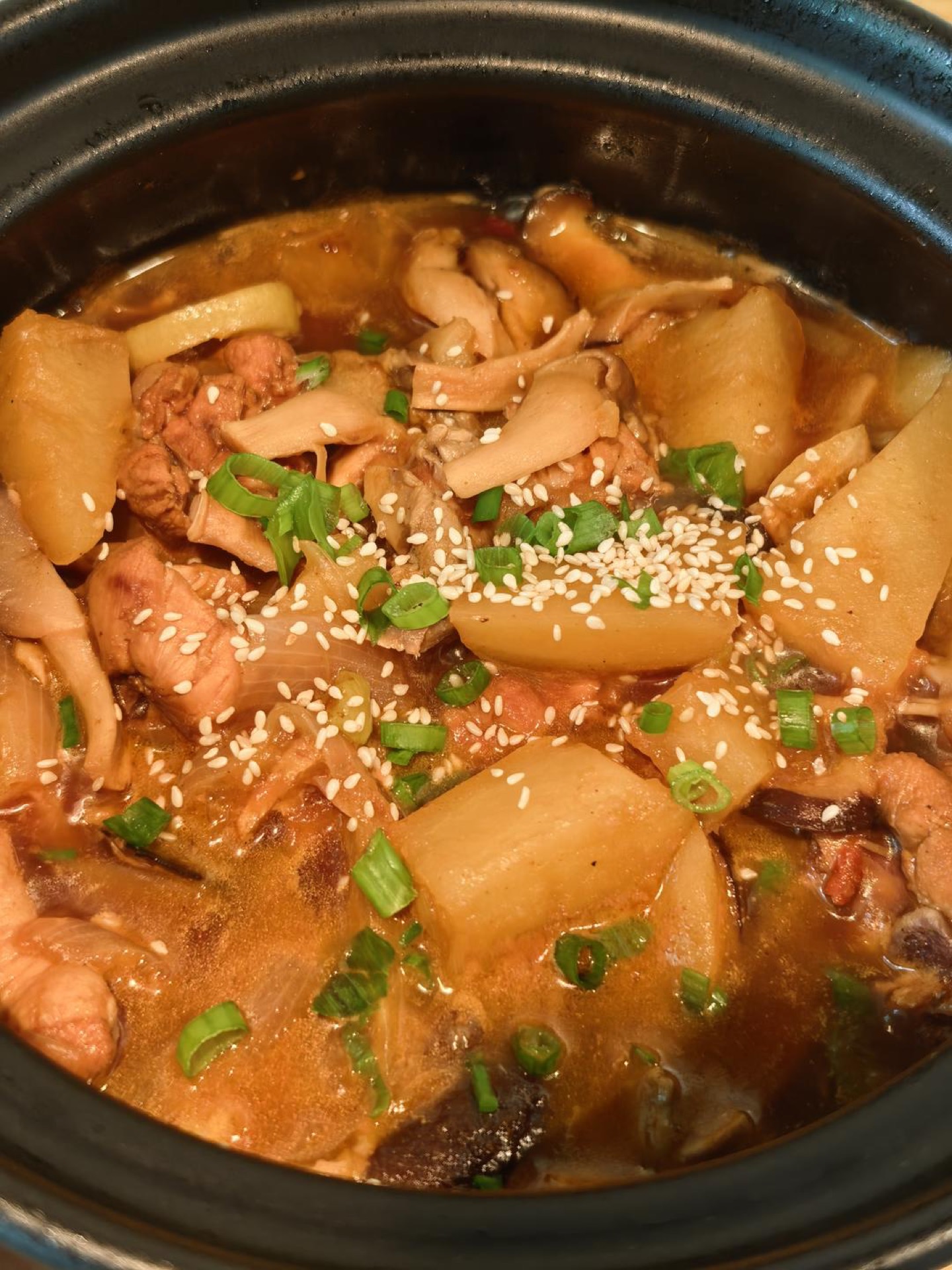 Finished chicken stew garnished with scallion and sesame