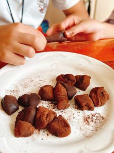 Chocolate mochi stretching when pulled apart