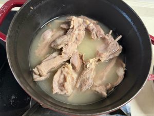 Once the lamb is soft and tender it is ready to come out of the pot — if it is not tender enough, simmer it a little longer — and season with salt to taste before serving, or add a