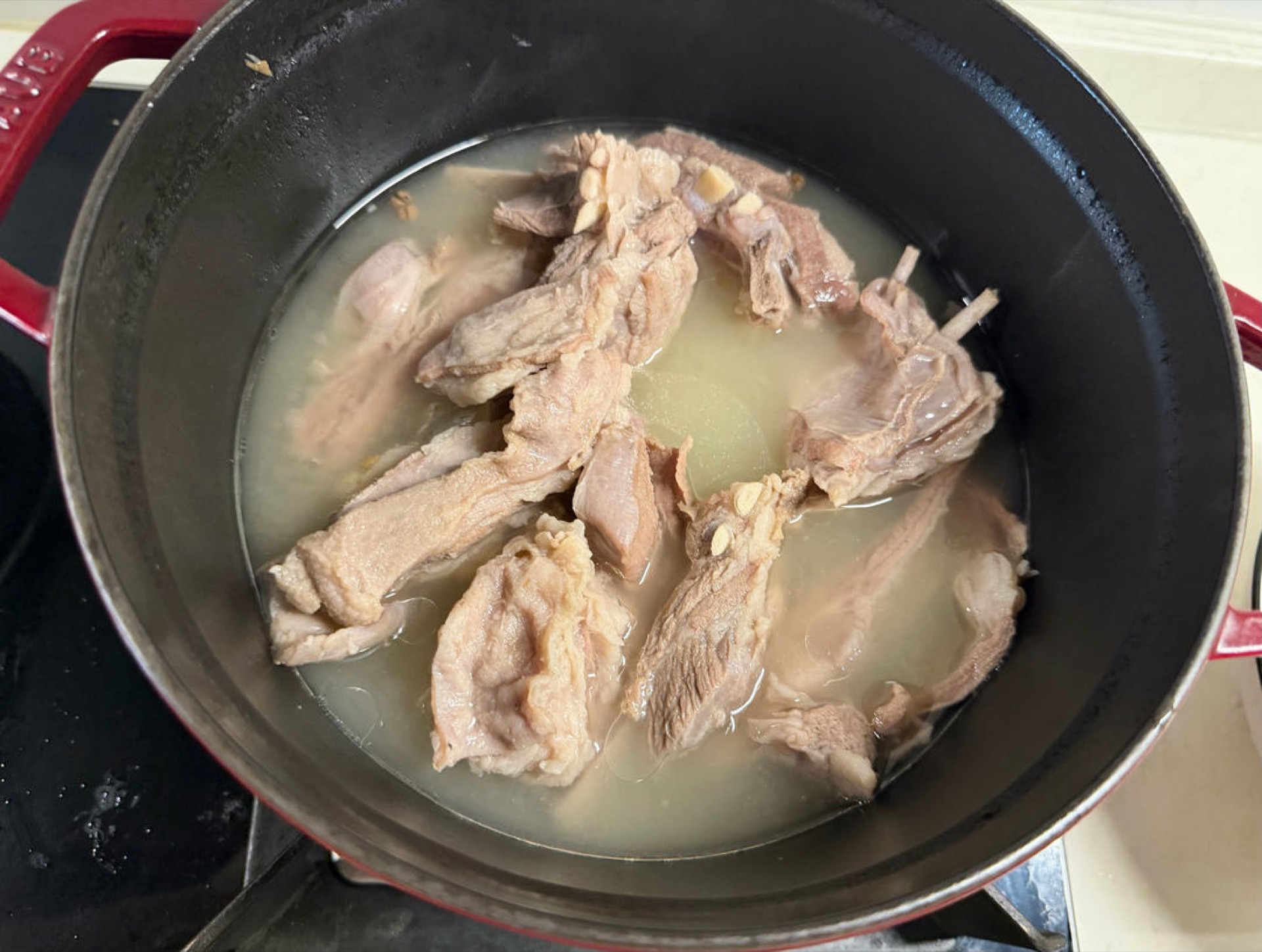 Once the lamb is soft and tender it is ready to come out of the pot — if it is not tender enough, simmer it a little longer — and season with salt to taste before serving, or add a