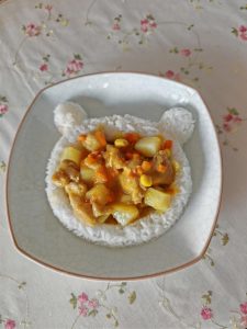 Spoon the curry out over the rice, and if you like, scatter a little toasted sesame or furikake over the top.