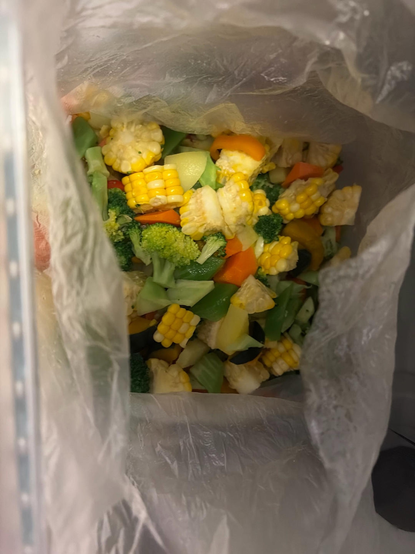 Blanched vegetables sealed in a large freezer bag ready for the freezer drawer