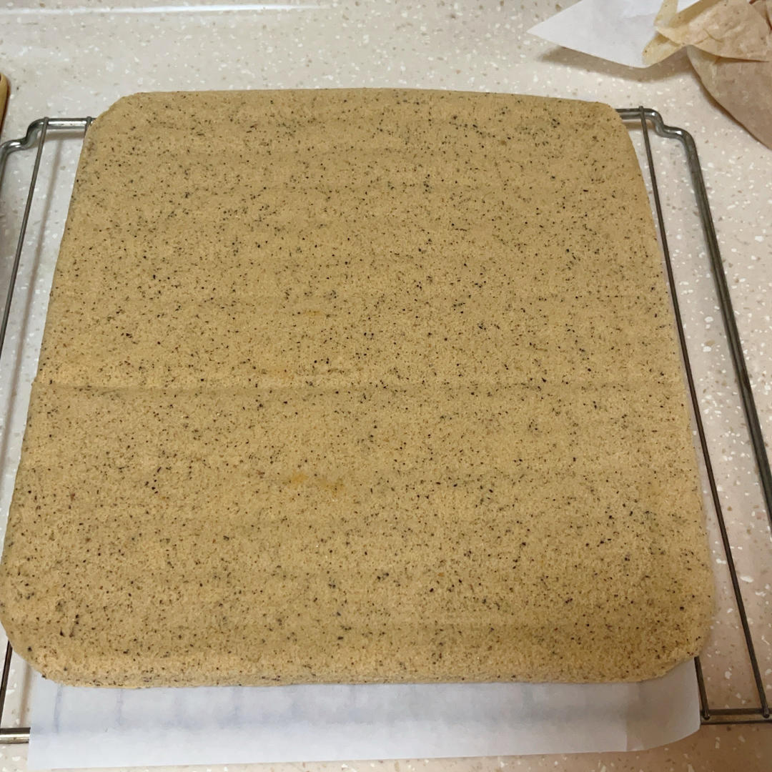 The roll cake flipped to show the towel texture underside