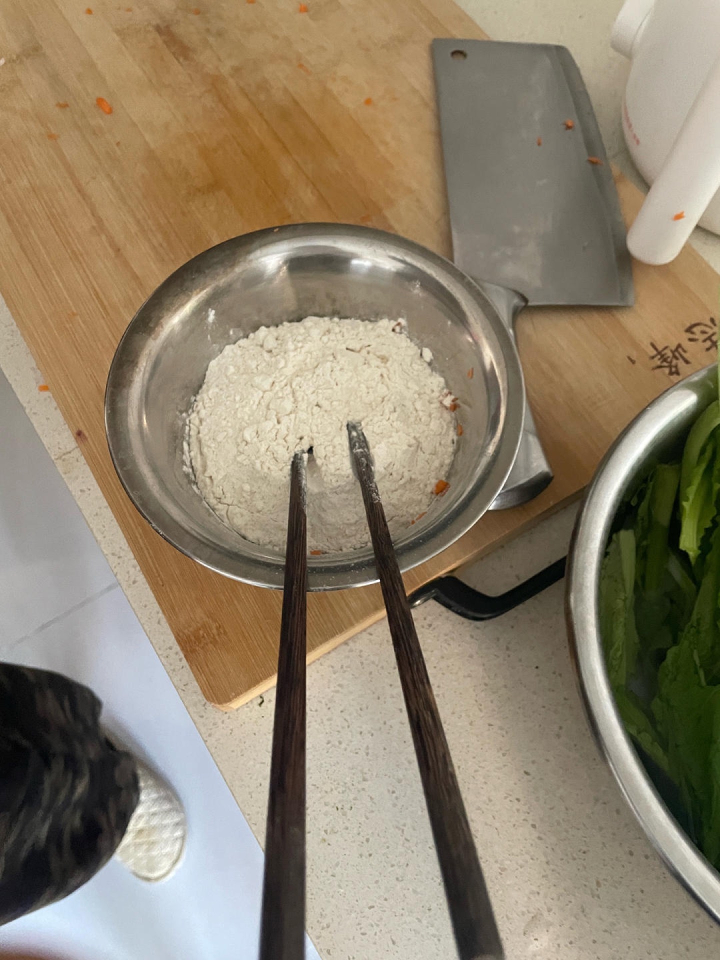Add the flour and stir it into the egg mixture — it will look thick and pasty at this stage, which is exactly right.